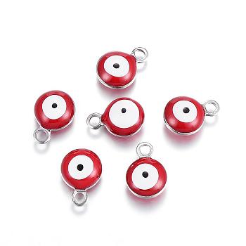 304 Stainless Steel Enamel Charms, Flat Round with Evil Eye, Stainless Steel Color, Red, 8.5x6x4mm, Hole: 1mm
