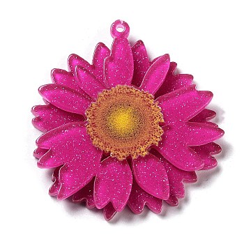 Printed Transparent Acrylic Pendants, 3D Flower Charms, Deep Pink, 42.5x40x4mm, Hole: 1.5mm
