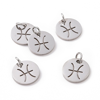 304 Stainless Steel Charms, Flat Round with Constellation/Zodiac Sign, Pisces, 12x1mm, Hole: 3mm