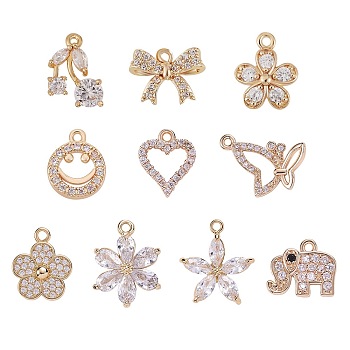 10Pcs 10 Style Rack Plating Brass Cubic Zirconia Charms, Long-Lasting Plated, Flower, Light Gold, 10~21x8.5~19.5x2~5mm, hole: 1.2~1.8mm, 1pc/style
