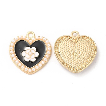 Alloy Enamel Pendants, with ABS Plastic Imitation Pearl Bead, Cadmium Free & Nickel Free & Lead Free, Golden, Heart with Flower Charm, Black, 23x21.5x3mm, Hole: 2mm