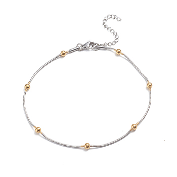 304 Stainless Steel Round Snake Chain Anklets, with Round Beads and Lobster Claw Clasps, Golden & Stainless Steel Color, 9-1/2 inch(24cm)