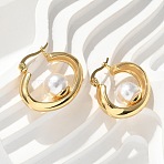 304 Stainless Steel & ABS Plastic Imitation Pearl Huggie Hoop Earrings, Ion Plating(IP), Golden, 27x23.5x10mm(EJEW-S253-24G)