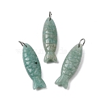 Natural Amazonite Carved Pendants, Fish Charms, with 304 Stainless Steel Jump Rings, Stainless Steel Color, 33.5~34.5x10.5x7~7.5mm, Hole: 7mm(X-G-G314-01P-06)