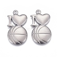 304 Stainless Steel Pendants, Laser Cut, I Love with Basketball, Stainless Steel Color, 28.5x16x2.5mm, Hole: 2mm(STAS-F249-18P)
