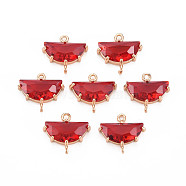 Transparent Faceted Glass Connector Charms, with Light Gold Tone Brass Findings, Cadmium Free & Lead Free, Half Flat Round, Red, 14.5x16.5x5.5mm, Hole: 1.2mm(GLAA-T021-25A-RS)