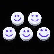 Handmade Polymer Clay Beads, for DIY Jewelry Crafts Supplies, Flat Round with Smiling Face, Slate Blue, 10x4~4.5mm, Hole: 1.8mm(CLAY-N008-040A)