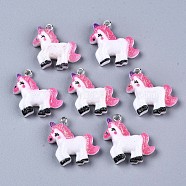 Resin Pendants, with Glitter Powder and Platinum Iron Findings, Unicorn, Hot Pink, 23~25x23~24.5x5~6mm, Hole: 2mm(CRES-S304-84A)