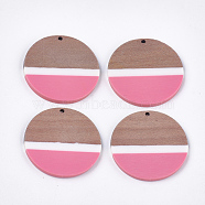 Resin & Walnut Wood Pendants, Flat Round, Hot Pink, 38~38.5x3mm, Hole: 2mm(RESI-S358-72C)