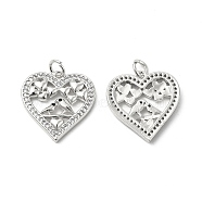 Brass Micro Pave Cubic Zirconia Pendants, with Jump Ring, Heart with Bird Lover Charm, Platinum, 19x18.5x2.5mm, Hole: 3.5mm(KK-E068-VB124)