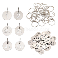 201 Stainless Steel Numbered Marking Identification Hang Tags, Luggage Labels, ID Tag, Number Markers, with Iron Key Rings, Flat Round with Hollow Number 1~50, Stainless Steel Color, 23x1mm, Hole: 1.5~2.6mm(STAS-GL0001-01)