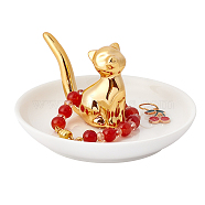 Porcelain Cat Ring Holder, Jewelry Tray, for Holding Small Jewelries, Rings, Necklaces, Earrings, Bracelets, Trinket, for Women Girls Birthday Gift, Golden, 105x53mm, Cat: 23.5x63mm,  Box Size: 9.6x12.1x11.7cm.(DJEW-WH0007-21)