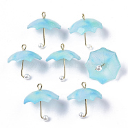 Acrylic Pendants, with Golden Plated Brass Loops and ABS Plastic Imitation Pearl, Umbrella, Sky Blue, 20~21x20x20mm, Hole: 1.6mm(X-KY-S163-093A-03)