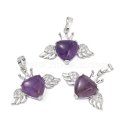 Natural Amethyst Pendants, Heart Charms with Wings & Crown, with Platinum Tone Brass Crystal Rhinestone Findings, 26x35.5x8mm, Hole: 8x5mm(G-P492-02P-03)
