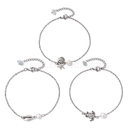 3Pcs 3 Style Turtle & Shell & Starfish Alloy Link Anklets Set with 304 Stainless Steel Cable Chains, Natural Aquamarine Chips Stackable Anklets, Antique Silver, 8-5/8~8-7/8 inch(21.8~22.4cm), 1Pc/style(AJEW-AN00550)