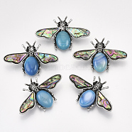 Natural Agate Brooches/Pendants, with Rhinestone and Alloy Findings, Abalone Shell/Paua Shelland Resin Bottom, Dyed, Bee, Antique Silver, 36x56.5x14mm, Hole: 7x4mm, Pin: 0.7mm(X-G-S353-08E)