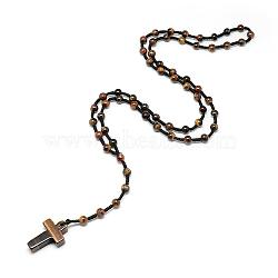 Natural Tiger Eye Pendant Necklaces, with Polyester Braided Rope, Cross, (730~750mm)28.74 inch~29.53 inch(NJEW-T001-03)