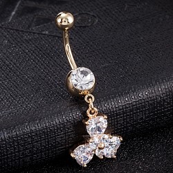 Piercing Jewelry, Brass Cubic Zirconia Navel Ring, Belly Rings, with 304 Stainless Steel Bar, Cadmium Free & Lead Free, Real 18K Gold Plated, Flower, Clear, 42x16mm, Bar Length: 3/8"(10mm), Bar: 14 Gauge(1.6mm)(AJEW-EE0003-24A)