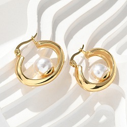 304 Stainless Steel & ABS Plastic Imitation Pearl Huggie Hoop Earrings, Ion Plating(IP), Golden, 27x23.5x10mm(EJEW-S253-24G)