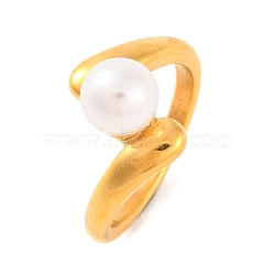 Ion Plating(IP) 304 Stainless Steel Finger Rings for Women, with Round Plastic Imitation Pearl, Golden, 14.5mm, US Size 7(17.3mm)(RJEW-S414-42B-G)