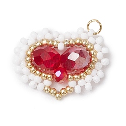 Glass Seed Beaded Pendants, with Jump Ring, Heart Charm, Light Coral, 19x25x7.5mm, Hole: 2.5mm(PALLOY-MZ00388-01)