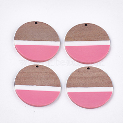 Resin & Walnut Wood Pendants, Flat Round, Hot Pink, 38~38.5x3mm, Hole: 2mm(RESI-S358-72C)