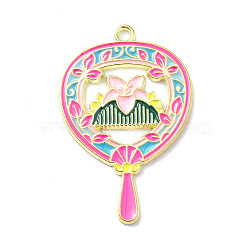 Alloy Enamel Pendants, Light Gold, Magic Fan with Comb Charm, Deep Pink, 38x25x1.5mm, Hole: 2mm(FIND-B019-01LG-01)