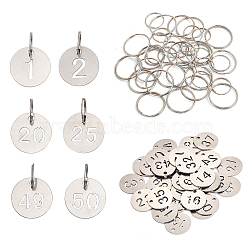 201 Stainless Steel Numbered Marking Identification Hang Tags, Luggage Labels, ID Tag, Number Markers, with Iron Key Rings, Flat Round with Hollow Number 1~50, Stainless Steel Color, 23x1mm, Hole: 1.5~2.6mm(STAS-GL0001-01)