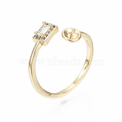 Brass Micro Pave Clear Cubic Zirconia Peg Bails Cuff Finger Ring Settings, for Half Drilled Bead, Nickel Free, Rectangle, Real 18K Gold Plated, US Size 8(18mm), pin: 0.6mm(for half drilled bead)(KK-S360-011-NF)