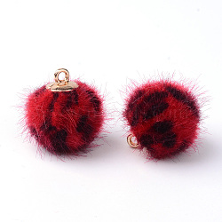 Handmade Plush Cloth Fabric Covered Charms, Round, with Brass Findings, Golden, Red, 17.5~18x14.5~15mm, Hole: 1.5mm(X-WOVE-S082-14mm-01)