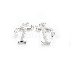 Silver Color Plated Alloy Letter Pendants, Rack Plating, Cadmium Free & Lead Free, Letter.T, 13x9x2mm, Hole: 1.5mm(PALLOY-J718-01S-T)