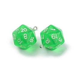 Transparent Resin Polyhedral Dice Pendants, 20 Sided Dice Charm, with Platinum Tone Iron Loops, Lime, 27x20x20mm, Hole: 2mm(FIND-TAC0005-21J)