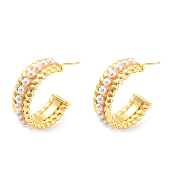 Rack Plating Brass Ring Stud Earrings with Plastic Pearl Beaded, Half Hoop Earrings, Long-Lasting Plated, Lead Free & Cadmium Free, Real 18K Gold Plated, 23.5x7.5mm