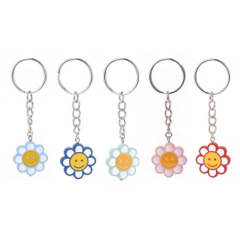 Flower Acrylic Pendant Keychain, with Iron Finding, for Key Bag Car Pendant Decoration, Smiling Face Pattern, 8.3cm, pendant: 29.5x25x4.5mm