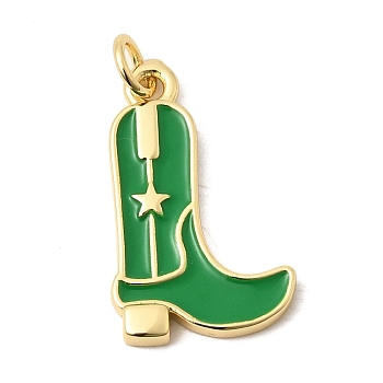 Brass Enamel Pendants, Cowboy Boot Charms, Cadmium Free & Lead Free, Long-Lasting Plated, Rack Plating, Real 18K Gold Plated, Green, 21.5x13x2.5mm, Jump Ring: 5x1mm, Inner Diameter: 3.5mm