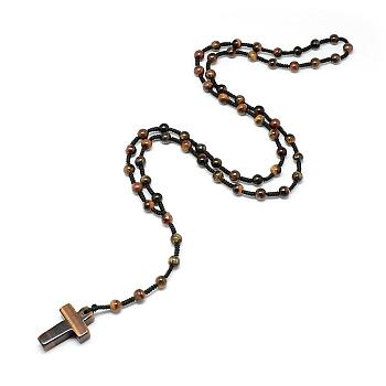 Natural Tiger Eye Pendant Necklaces, with Polyester Braided Rope, Cross, (730~750mm)28.74 inch~29.53 inch