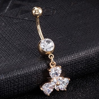 Piercing Jewelry, Brass Cubic Zirconia Navel Ring, Belly Rings, with 304 Stainless Steel Bar, Cadmium Free & Lead Free, Real 18K Gold Plated, Flower, Clear, 42x16mm, Bar Length: 3/8"(10mm), Bar: 14 Gauge(1.6mm)