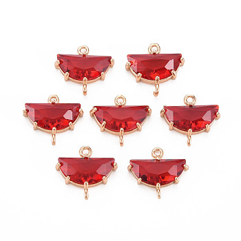Transparent Faceted Glass Connector Charms, with Light Gold Tone Brass Findings, Cadmium Free & Lead Free, Half Flat Round, Red, 14.5x16.5x5.5mm, Hole: 1.2mm