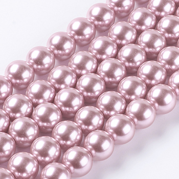 Eco-Friendly Dyed Glass Pearl Round Beads Strands, Grade A, Cotton Cord Threaded, Pearl Pink, 14mm, Hole: 0.7~1.1mm, about 30pcs/strand, 15 inch