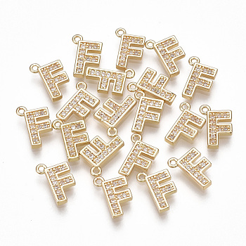 Brass Cubic Zirconia Charms, Letter, Clear, Real 18K Gold Plated, Letter.F, 10x6.5x1.5mm, Hole: 1mm