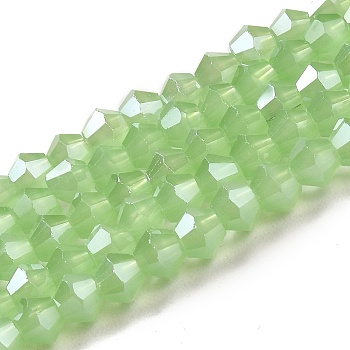 Imitation Jade Electroplate Glass Beads Strands, Pearl Luster Plated, Faceted, Bicone, Green, 2.9~3.3x2.5mm, Hole: 0.7mm, about 145~150pcs/strand, 16.34~16.54 inch(41.5~42cm)