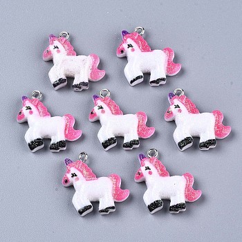 Resin Pendants, with Glitter Powder and Platinum Iron Findings, Unicorn, Hot Pink, 23~25x23~24.5x5~6mm, Hole: 2mm