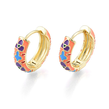 Colorful Enamel Flower Hoop Earrings, Brass Jewelry for Women, Nickel Free, Real 18K Gold Plated, 18x20x5.5mm, Pin: 1mm
