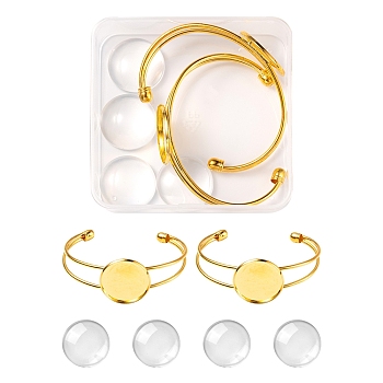 DIY Blank Dome Bangle Making Kit, Including Brass Open Cuff Bangle Making with Flat Round Tray, Flat Round Glass Cabochons, Golden, 6Pcs/box