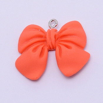 Resin Pendants, with Platinum Plated Iron Screw Eye Pin Peg Bails, Bowknot, Orange Red, 25x28x5mm, Hole: 1.8mm