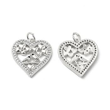Brass Micro Pave Cubic Zirconia Pendants, with Jump Ring, Heart with Bird Lover Charm, Platinum, 19x18.5x2.5mm, Hole: 3.5mm