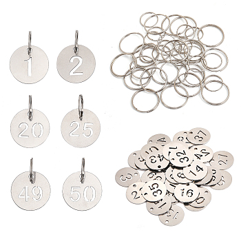 201 Stainless Steel Numbered Marking Identification Hang Tags, Luggage Labels, ID Tag, Number Markers, with Iron Key Rings, Flat Round with Hollow Number 1~50, Stainless Steel Color, 23x1mm, Hole: 1.5~2.6mm
