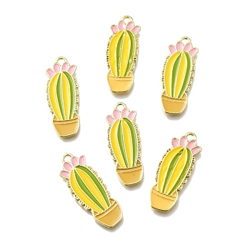 Alloy Enamel Pendants, Cactus, Light Gold, Green Yellow, 31x11x2mm, Hole: 1.5mm