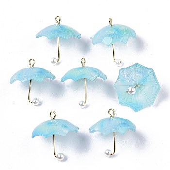 Acrylic Pendants, with Golden Plated Brass Loops and ABS Plastic Imitation Pearl, Umbrella, Sky Blue, 20~21x20x20mm, Hole: 1.6mm