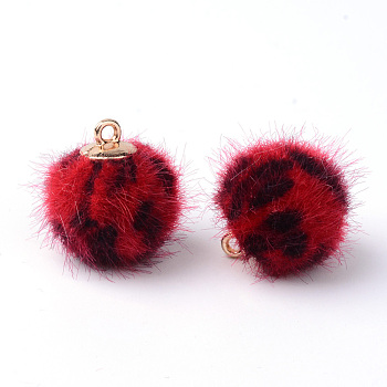 Handmade Plush Cloth Fabric Covered Charms, Round, with Brass Findings, Golden, Red, 17.5~18x14.5~15mm, Hole: 1.5mm